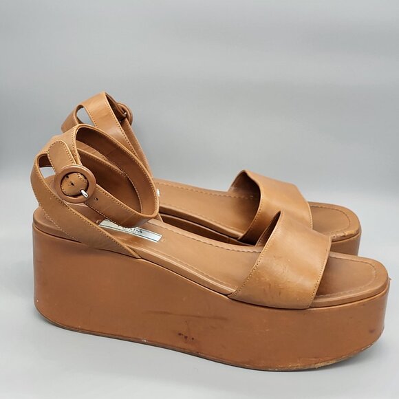 PRADA Leather Platform Wedge Sandals - Picture 1 of 16
